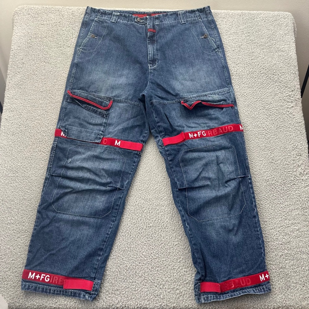 Vintage Marithe Francois Girbaud Shuttle Baggy Jeans Red Straps Mens 42 x 33